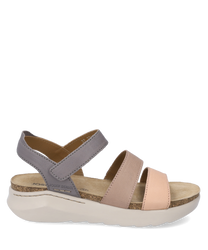 La sandale a une fermeture Velcro et est fabriquée en cuir lisse multicolore dans des teintes pastel. Elle a une semelle rembourrée beige clair et offre un maintien confortable grâce à son design.