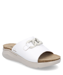 White sandal with elastic closure and beige sole. The upper material is made of smooth leather while the insole is padded providing high wearing comfort.