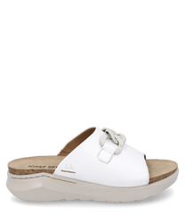 White sandal with elastic closure and beige sole. The upper material is made of smooth leather while the insole is padded providing high wearing comfort.