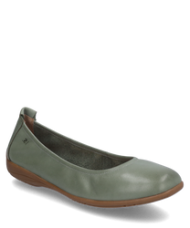 Mint-colored ballerina shoes with smooth upper material and elastic for a comfortable fit. The shoes have a flat brown sole and a rounded toe area.