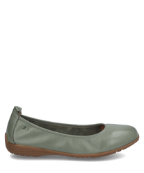 Mint-colored ballerina shoes with smooth upper material and elastic for a comfortable fit. The shoes have a flat brown sole and a rounded toe area.