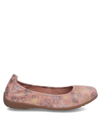 Una scarpa ballerina in una variante multicolore rosa con motivo floreale. La scarpa è realizzata in un morbido materiale tessile e presenta un elastico per una vestibilità comoda.