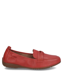 Red ballerina shoes made of smooth leather with elastic closure. The shoe features a flat light brown sole and subtle decorative stitching on the sides.