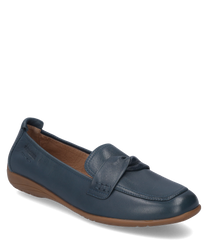 Eleganter Ballerina in Dunkelblau mit Gummizugverschluss. Hergestellt aus glattem Leder mit brauner rutschfester Sohle.