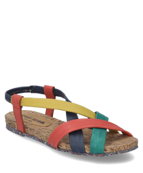 Bunte Sandale mit Kreuzriemen aus Leder in Rot Gelb Blau und Grün. Korksohle mit Schnallenverschluss und bunter Laufsohle für zusätzlichen Stil.