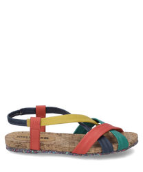 Bunte Sandale mit Kreuzriemen aus Leder in Rot Gelb Blau und Grün. Korksohle mit Schnallenverschluss und bunter Laufsohle für zusätzlichen Stil.