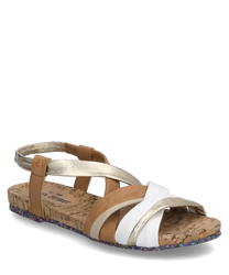 Die Sandale besticht durch ein elegantes Design mit Riemen in Weiß Beige und Gold. Der Verschluss erfolgt über eine Schnalle während die Sohle aus natürlichem Kork gefertigt ist und einen bunten Rand besitzt.