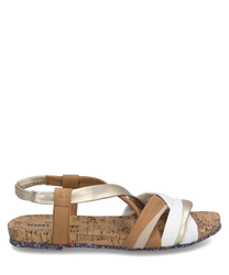 Die Sandale besticht durch ein elegantes Design mit Riemen in Weiß Beige und Gold. Der Verschluss erfolgt über eine Schnalle während die Sohle aus natürlichem Kork gefertigt ist und einen bunten Rand besitzt.