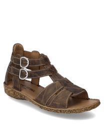 Brown leather sandal with two silver buckles as a closure. The sole has a floral pattern that gives the sandal a special character.