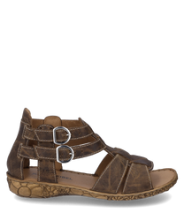 Brown leather sandal with two silver buckles as a closure. The sole has a floral pattern that gives the sandal a special character.