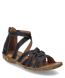 Elegant sandal made of black leather with decorative laces and a side zipper. The sole features a floral pattern and provides good grip.