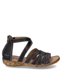 Elegant sandal made of black leather with decorative laces and a side zipper. The sole features a floral pattern and provides good grip.