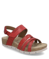 Sandale rouge avec fermeture velcro en cuir lisse et tressé. La semelle est en liège avec un profil gris clair idéale pour le confort et le style.