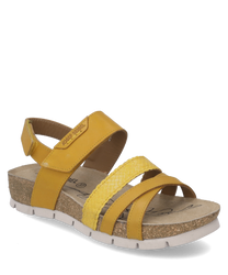 The sandal features a modern design with yellow leather and a comfortable Velcro strap. It has a patterned braided trim that adds a fashionable accent and a comfortable cork sole for optimal wearing comfort.