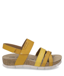 The sandal features a modern design with yellow leather and a comfortable Velcro strap. It has a patterned braided trim that adds a fashionable accent and a comfortable cork sole for optimal wearing comfort.
