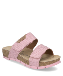 La sandale a une tige tressée de couleur rose avec une fermeture velcro. Elle possède une semelle en liège marron clair confortable et une semelle rose pour un maintien optimal.