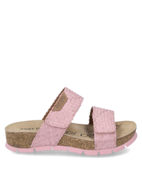 La sandale a une tige tressée de couleur rose avec une fermeture velcro. Elle possède une semelle en liège marron clair confortable et une semelle rose pour un maintien optimal.