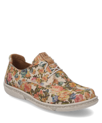 De halfhoge schoen van textielmateriaal is ontworpen met een bloemmotief in vrolijke kleuren. Hij heeft een witte vetersluiting en een lichte gestructureerde zool die de schoen een casual en modieuze uitstraling geeft.