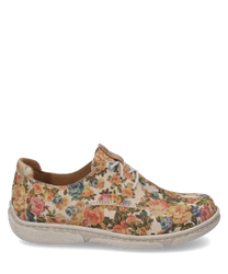 De halfhoge schoen van textielmateriaal is ontworpen met een bloemmotief in vrolijke kleuren. Hij heeft een witte vetersluiting en een lichte gestructureerde zool die de schoen een casual en modieuze uitstraling geeft.