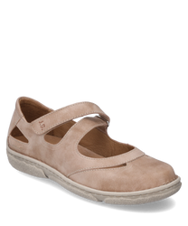 Beiger Halbschuh aus Leder mit Klettverschluss. Besonderheiten sind die seitlichen Aussparungen und die helle robuste Sohle.