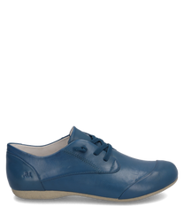 The shoe is made of smooth blue leather and features lacing for optimal support. The simple elegant shape is complemented by a light flat sole.