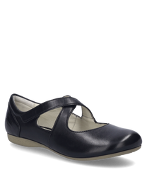 La ballerina nera in materiale liscio è dotata di una pratica chiusura in velcro. L'eleganza semplice è completata da una delicata stampa sulla parte esterna.
