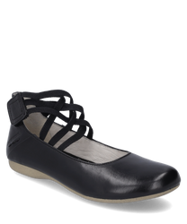 Chaussure élégante en noir avec cuir lisse et fermeture velcro pratique. La chaussure se distingue par son apparence moderne et épurée et offre un maintien sûr grâce aux sangles élastiques.