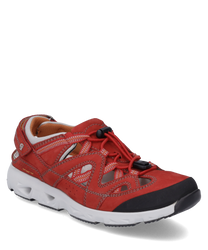 Sneaker rossi con lacci realizzati in materiale robusto. Caratteristiche particolari sono i lati aperti e la suola bianca e profilata.