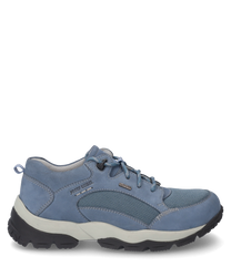 Ein blauer Halbschuh mit Schnürung aus Leder und Textilmaterial. Der Schuh hat eine robuste schwarze Sohle und dezente Markenlogos an der Seite.