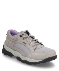 Beige lace-up shoe made of suede and mesh. The shoe features a sturdy black sole and a purple lining ideal for comfortable walking.