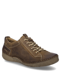 La chaussure est fabriquée en cuir couleur brandy et possède un laçage comme fermeture. Les caractéristiques particulières sont les coutures contrastantes et la semelle beige stable.