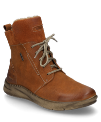 Orangefarbene Stiefel aus Leder mit seitlichem Reißverschluss und sichtbaren Nähten. Sie verfügen über eine robuste rutschfeste Sohle und einen weichen beigen Innenfutter.