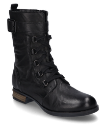 Schwarzer Stiefel aus Leder mit seitlichem Reißverschluss und Schnallenverschluss oben. Der Stiefel hat eine robuste flache Sohle und dekorative Schnürdetails an der Vorderseite.