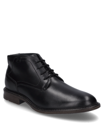 La botte noire en cuir présente un laçage élégant et un talon robuste de couleur marron foncé. La chaussure offre un look classique avec des coutures discrètes et est idéale pour des occasions formelles.