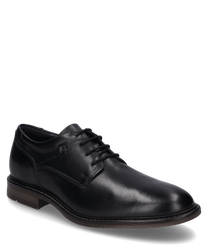 El zapato negro de cuero cuenta con un clásico sistema de cordones y una suela plana y robusta. El zapato tiene un diseño elegante con costuras discretas y es ideal para ocasiones formales.