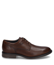 Der cognacfarbene Halbschuh besteht aus glänzendem Leder und verfügt über eine elegante Schnürung. Der Schuh hat eine klassische Form mit dezenten Nähten und einer robusten Sohle.