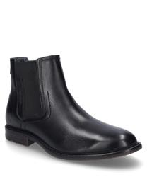 De zwarte enkellaars is gemaakt van glanzend leer en heeft een praktische rits aan de zijkant. De schoen heeft een elegante eenvoudige uitstraling met een middelhoge hak en elastische inzetstukken voor extra draagcomfort.