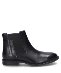 De zwarte enkellaars is gemaakt van glanzend leer en heeft een praktische rits aan de zijkant. De schoen heeft een elegante eenvoudige uitstraling met een middelhoge hak en elastische inzetstukken voor extra draagcomfort.