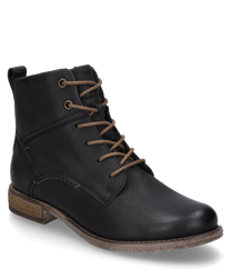 La bota negra de cuero tiene un clásico cordón y un tacón estable de color marrón claro. El zapato se caracteriza por su diseño minimalista y su suela duradera.