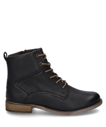 La bota negra de cuero tiene un clásico cordón y un tacón estable de color marrón claro. El zapato se caracteriza por su diseño minimalista y su suela duradera.