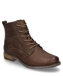 The ankle boot is made of brown leather in the color camel and features lacing as a closure. The shoe has a sturdy sole and is ideal for a casual yet stylish appearance.