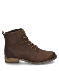 The ankle boot is made of brown leather in the color camel and features lacing as a closure. The shoe has a sturdy sole and is ideal for a casual yet stylish appearance.