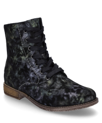 The ankle boot with lacing impresses with its unique patterned design in dark shades. It is made from a soft material and features a flat brown sole for comfortable walking.