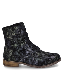 The ankle boot with lacing impresses with its unique patterned design in dark shades. It is made from a soft material and features a flat brown sole for comfortable walking.