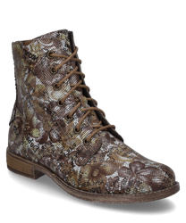 La bota con cordones destaca por su llamativo patrón floral en tonos marrones. Está hecha de una mezcla de materiales estampados y tiene una suela robusta para un soporte óptimo.