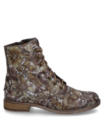 La bota con cordones destaca por su llamativo patrón floral en tonos marrones. Está hecha de una mezcla de materiales estampados y tiene una suela robusta para un soporte óptimo.