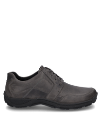 Grijze veterschoenen van leer. De schoen kenmerkt zich door zijn robuuste afwerking en comfortabele pasvorm.