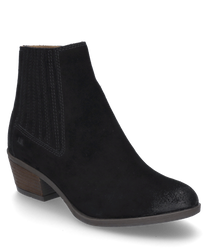 Black leather ankle boots with a side zipper and a small block heel. The shoe features a smooth surface and subtle decorative stitching on the sides.