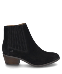 Black leather ankle boots with a side zipper and a small block heel. The shoe features a smooth surface and subtle decorative stitching on the sides.