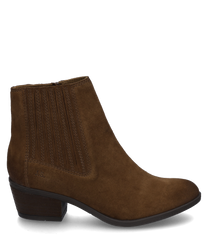 The ankle boot in the color Castagne impresses with its soft suede material and a practical zipper on the side. The low heel and subtle decorative seams give the shoe an elegant yet comfortable look.